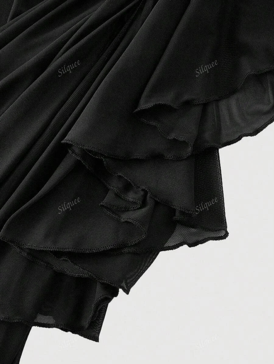 Isabelle Midi Dress - Spaghetti Strap Neckline - Asymmetrical Hem - Cami Style - Ruched Details - Elegant