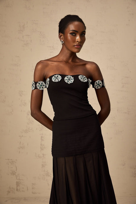 Isabelle Top Black Crystal Embellished Off Shoulder & Cropped