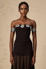 Isabelle Top Black Crystal Embellished Off Shoulder & Cropped