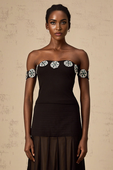 Isabelle Top Black Crystal Embellished Off Shoulder & Cropped