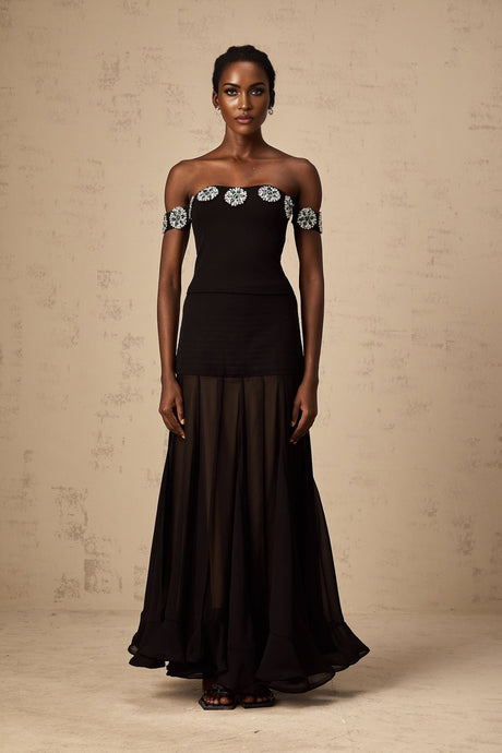 Isabelle Top Black Crystal Embellished Off Shoulder & Cropped
