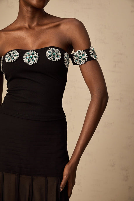 Isabelle Top Black Crystal Embellished Off Shoulder & Cropped