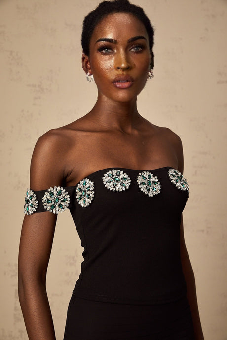 Isabelle Top Black Crystal Embellished Off Shoulder & Cropped