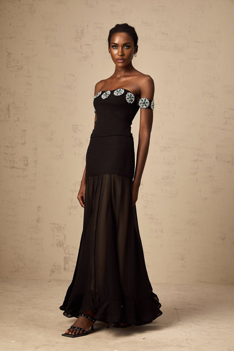 Isabelle Top Black Crystal Embellished Off Shoulder & Cropped