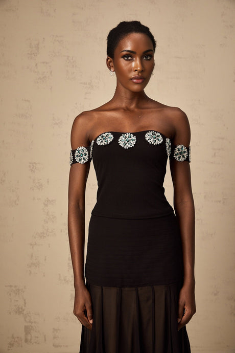 Isabelle Top Black Crystal Embellished Off Shoulder & Cropped
