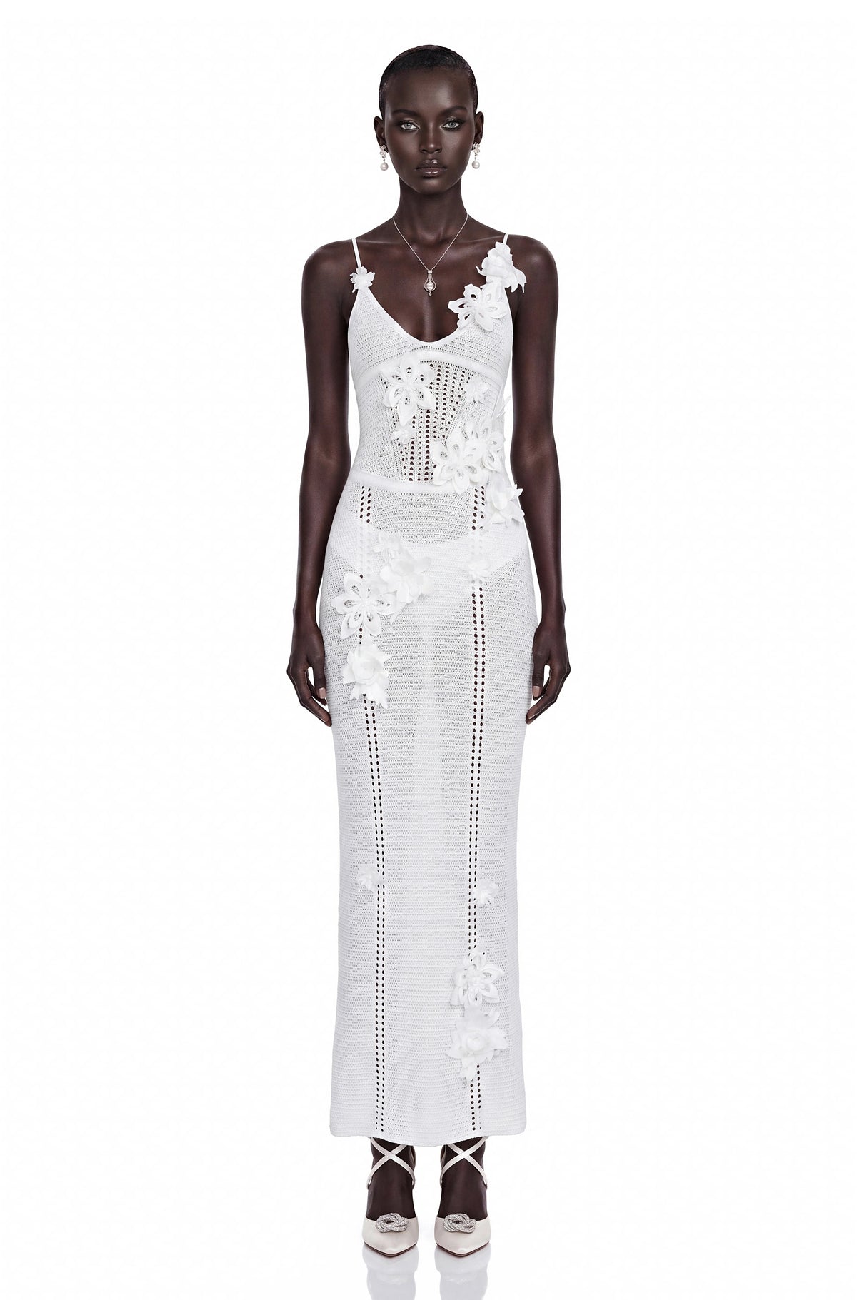Isabelle White Knit Maxi Dress with 3D Florals