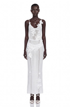 Isabelle White Knit Maxi Dress with 3D Florals