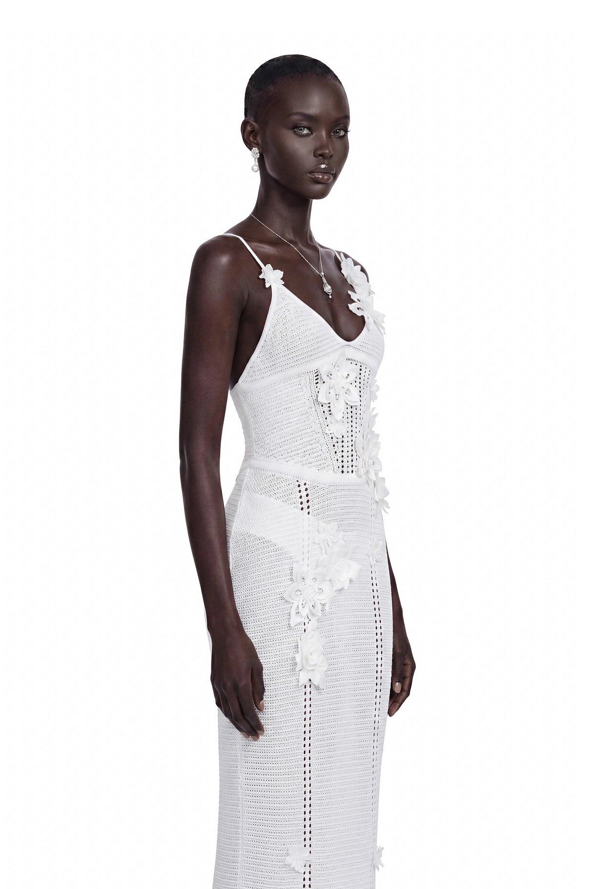 Isabelle White Knit Maxi Dress with 3D Florals