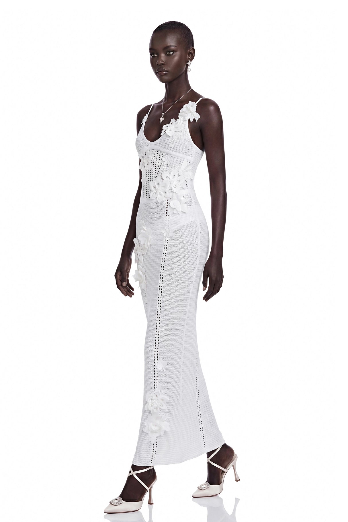 Isabelle White Knit Maxi Dress with 3D Florals