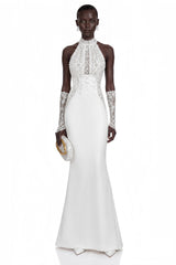 Isabelle White Turtleneck Sequin Ruched Maxi Dress Without Gloves