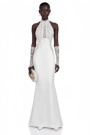 Isabelle White Turtleneck Sequin Ruched Maxi Dress Without Gloves