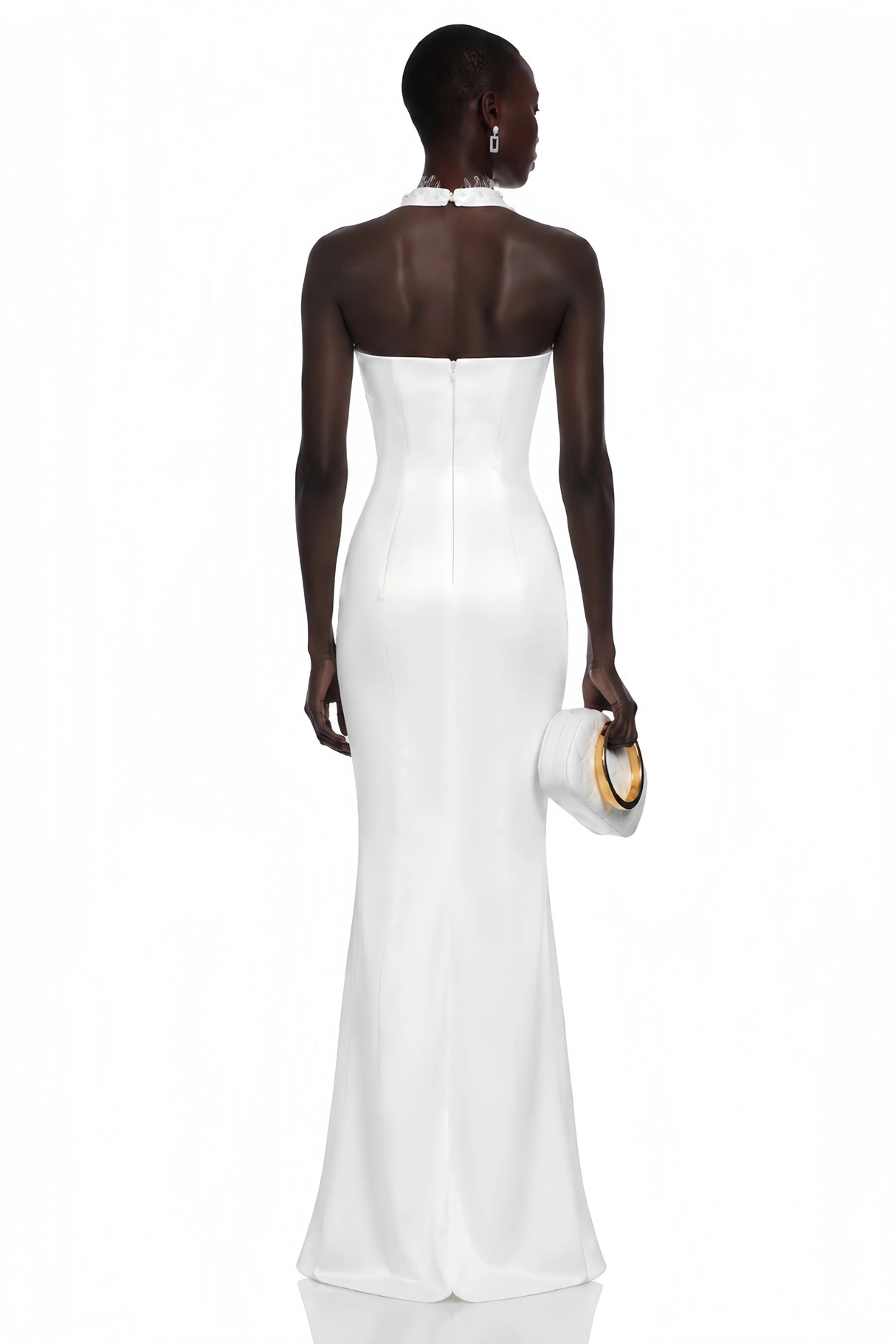 Isabelle White Turtleneck Sequin Ruched Maxi Dress Without Gloves
