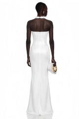 Isabelle White Turtleneck Sequin Ruched Maxi Dress Without Gloves