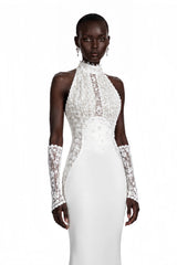 Isabelle White Turtleneck Sequin Ruched Maxi Dress Without Gloves