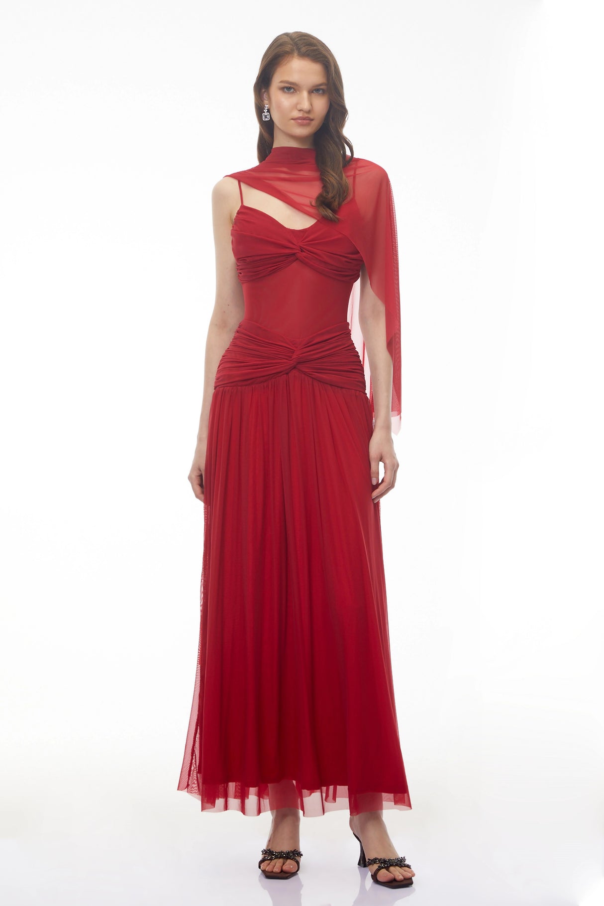 Isabetta Red Sleeveless Ruched Maxi Dress