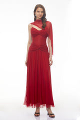 Isabetta Red Sleeveless Ruched Maxi Dress