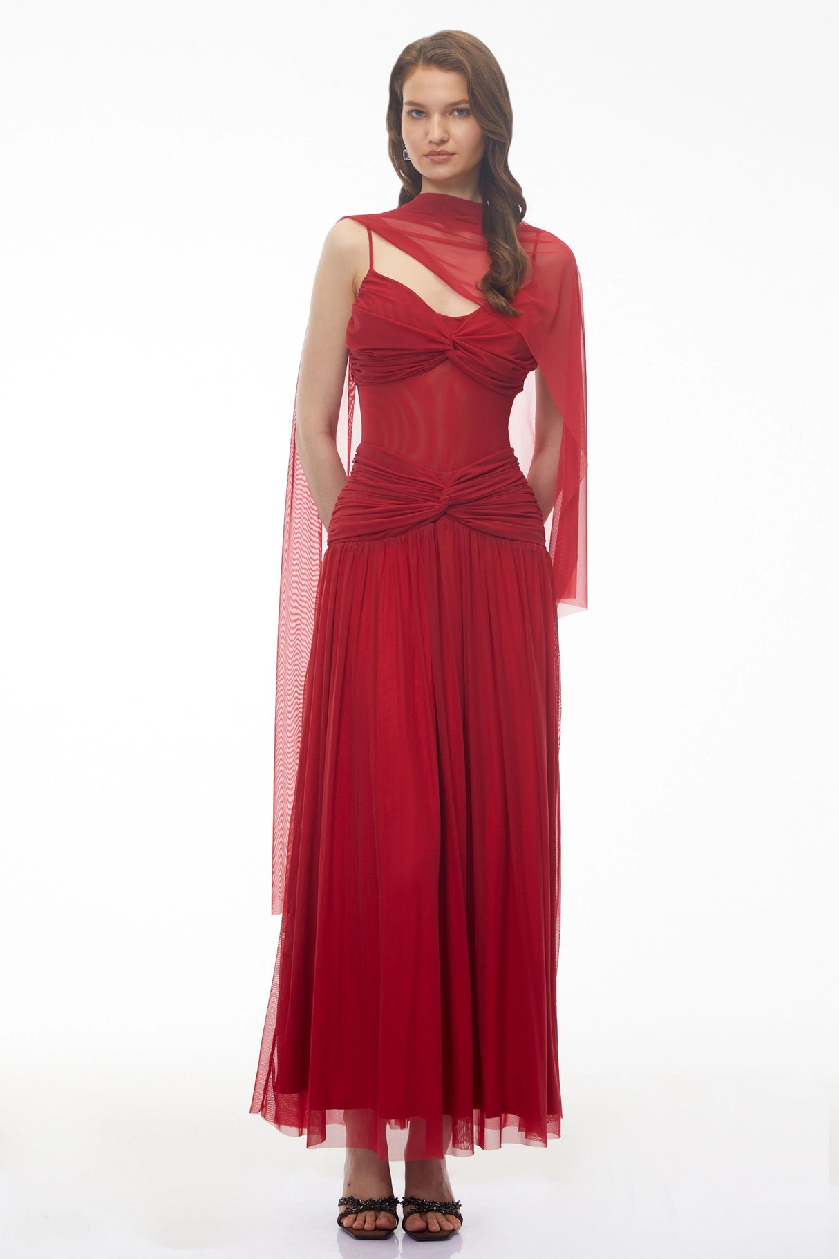 Isabetta Red Sleeveless Ruched Maxi Dress