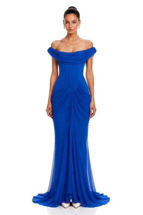 Isadora Blue Off Shoulder Ruched Draped Maxi Dress