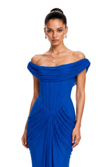 Isadora Blue Off Shoulder Ruched Draped Maxi Dress
