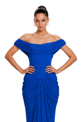 Isadora Blue Off Shoulder Ruched Draped Maxi Dress