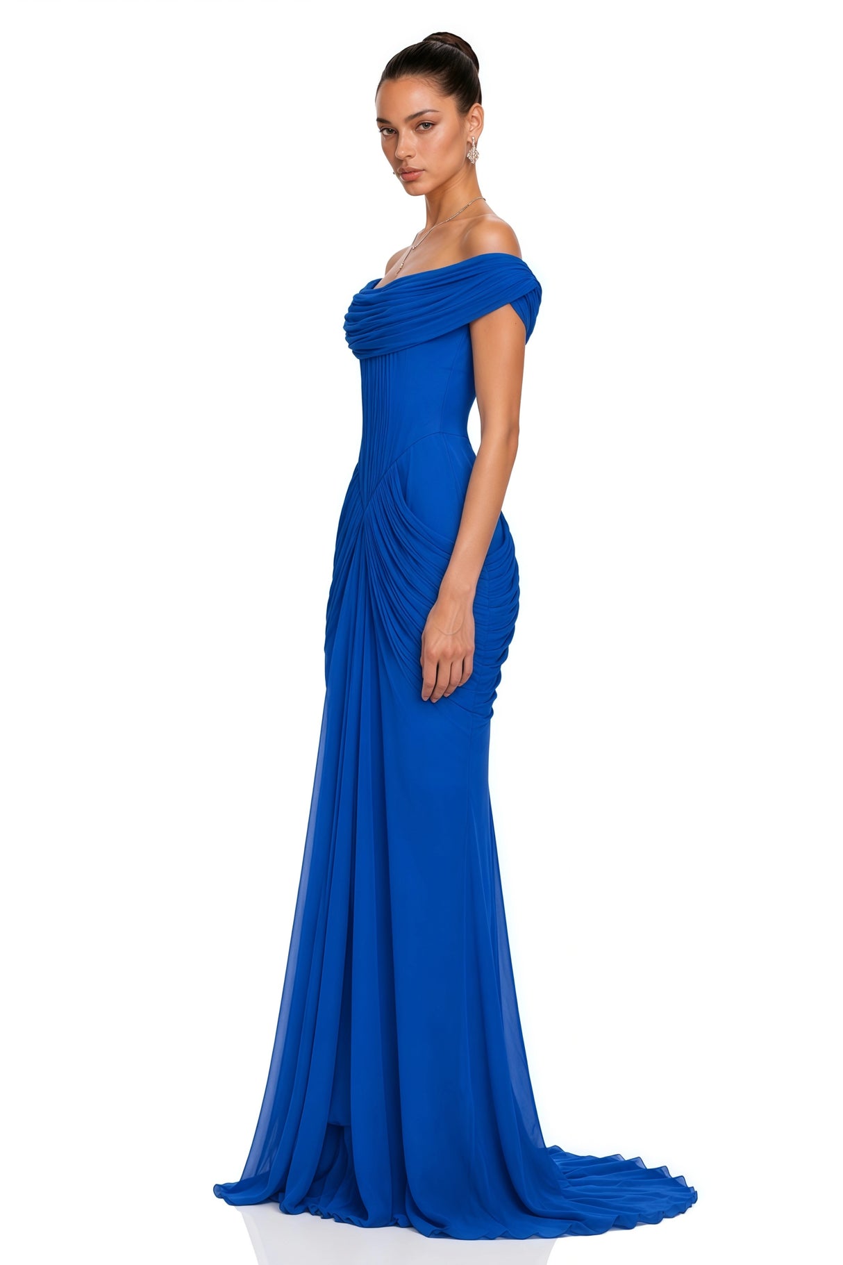 Isadora Blue Off Shoulder Ruched Draped Maxi Dress
