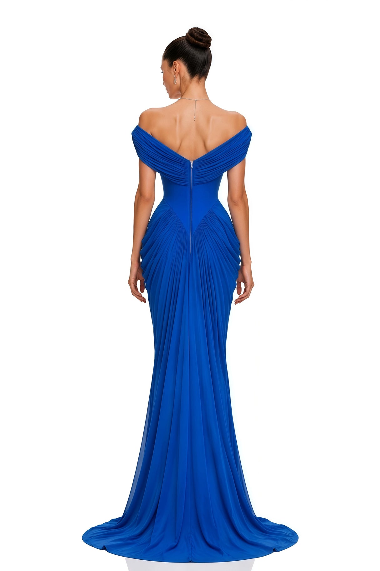 Isadora Blue Off Shoulder Ruched Draped Maxi Dress
