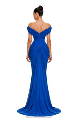 Isadora Blue Off Shoulder Ruched Draped Maxi Dress