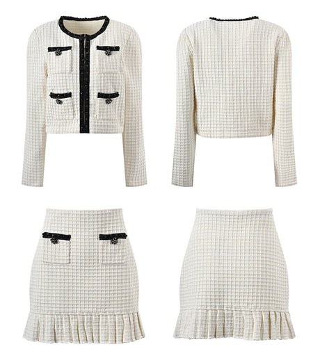 Isadora Jacket & Skirt Set - Textured Knit Pattern - Accents - Ruffled Hem - Decorative Buttons - Elegant