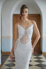 Iseult White Faux Pearl Mesh Maxi Gown