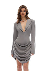 Ishtar Grey V Neck Draped Mini Blazer Dress