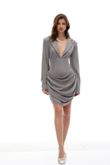Ishtar Grey V Neck Draped Mini Blazer Dress