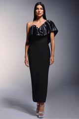 Iside Black Asymmetrical Neckline Falbala Detailing Form-Fitting Dress