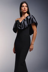 Iside Black Asymmetrical Neckline Falbala Detailing Form-Fitting Dress