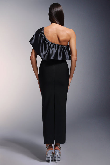 Iside Black Asymmetrical Neckline Falbala Detailing Dress