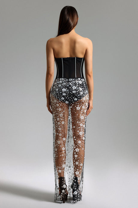 Iside Black Floral Mesh Overlay Strapless Dress