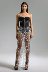 Iside Black Mesh Overlay Floral Detail Strapless Dress