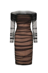 Iside Black Mesh Striped Ruched Off-Shoulder Midi Dress