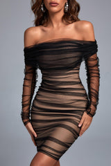 Iside Black Mesh Striped Ruched Off-Shoulder Midi Dress