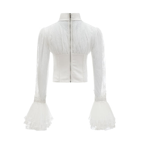 Iside Cropped Top Bell Sleeve Crystal Trim White