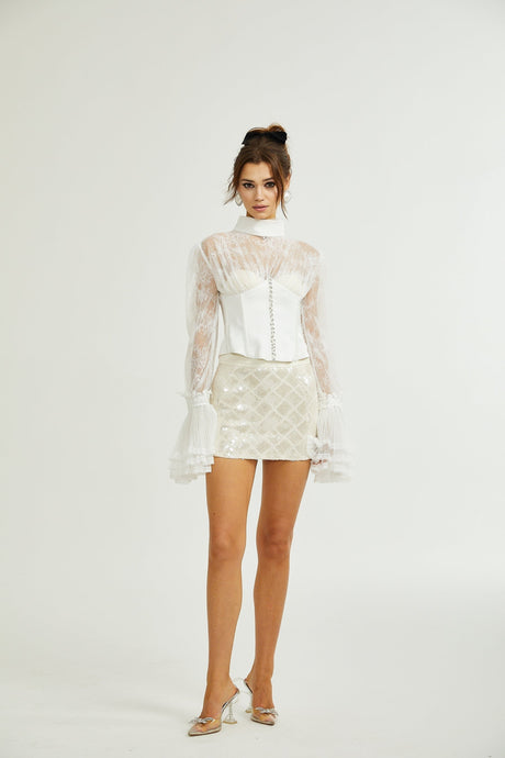 Iside Cropped Top Bell Sleeve Crystal Trim White