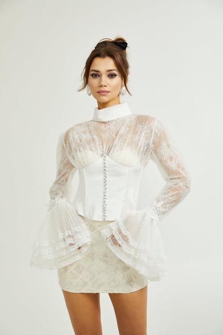 Iside Cropped Top Bell Sleeve Crystal Trim White