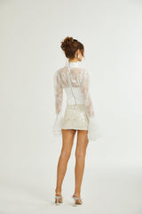 Iside Cropped Top Bell Sleeve Crystal Trim White