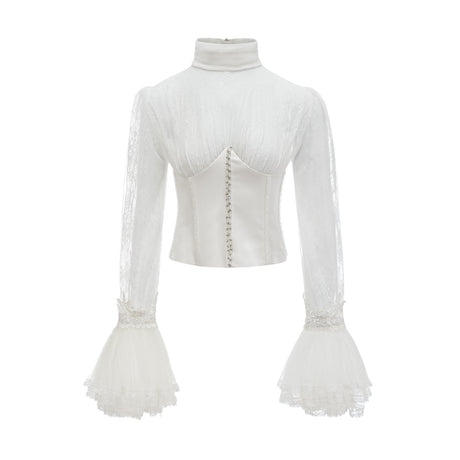 Iside Cropped Top Bell Sleeve Crystal Trim White