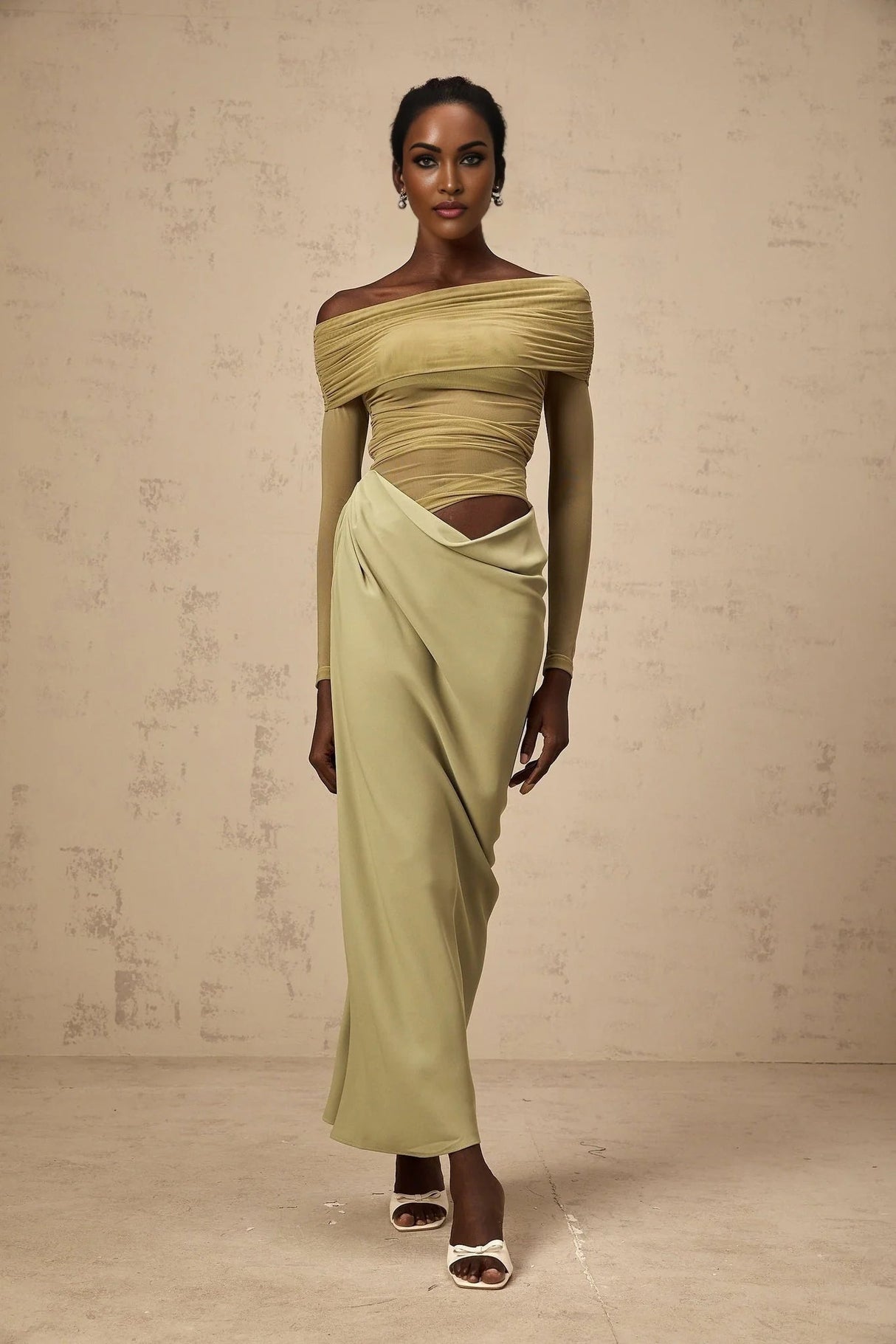 Iside Midi Dress Green Semi - sheer Off - shoulder & Tulle Detail