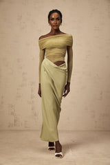 Iside Midi Dress Green Semi - sheer Off - shoulder & Tulle Detail