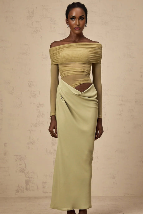 Iside Midi Dress Green Semi - sheer Off - shoulder & Tulle Detail