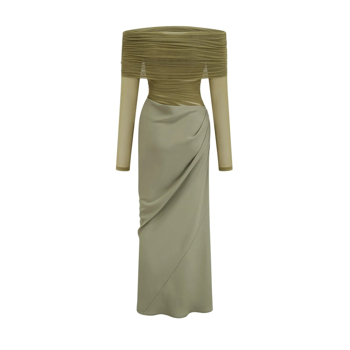Iside Midi Dress Green Semi - sheer Off - shoulder & Tulle Detail