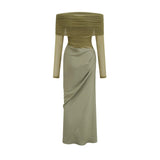 Iside Midi Dress Green Semi - sheer Off - shoulder & Tulle Detail