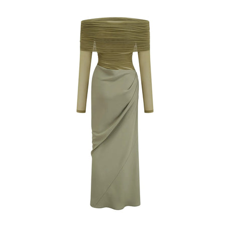 Iside Midi Dress Green Semi - sheer Off - shoulder & Tulle Detail
