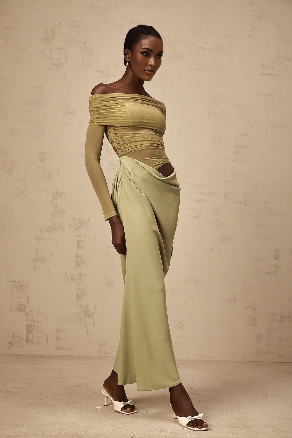 Iside Midi Dress Green Semi - sheer Off - shoulder & Tulle Detail